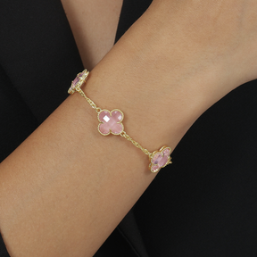 Pulseira Trevos Zircônia Rosa Banhada em Ouro 24k