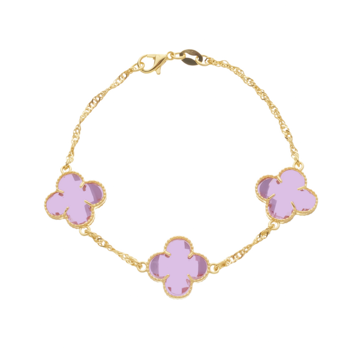 Pulseira Trevos Zircônia Rosa Banhada em Ouro 24k