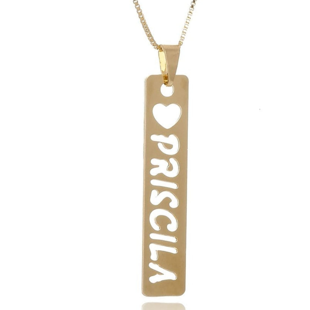 Colar Personalizado Retangular com Coração e Nome Vazado Banhado em Ouro 18k