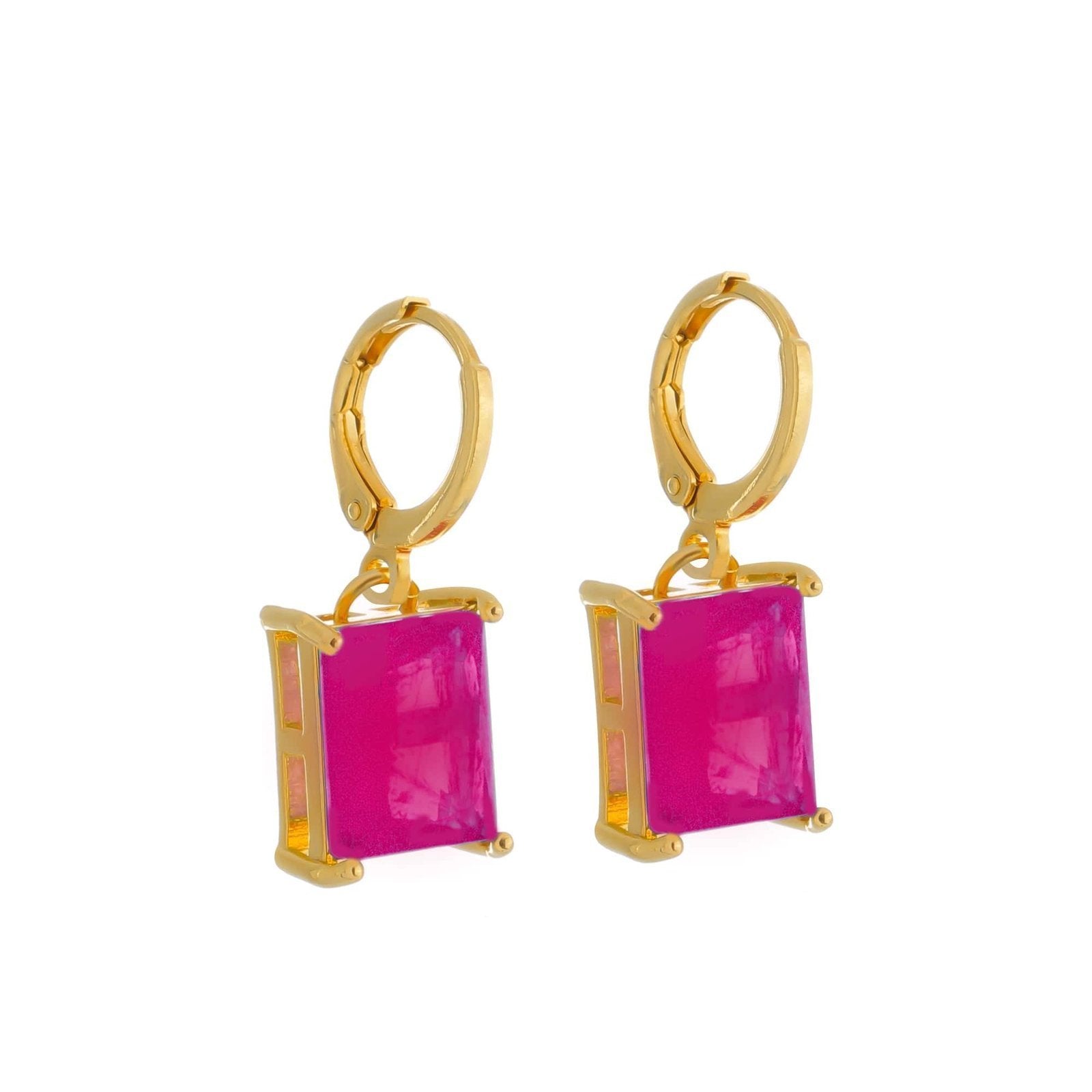 Brinco Argolinha Pedra Retangular Rosa Banhado em Ouro 24k